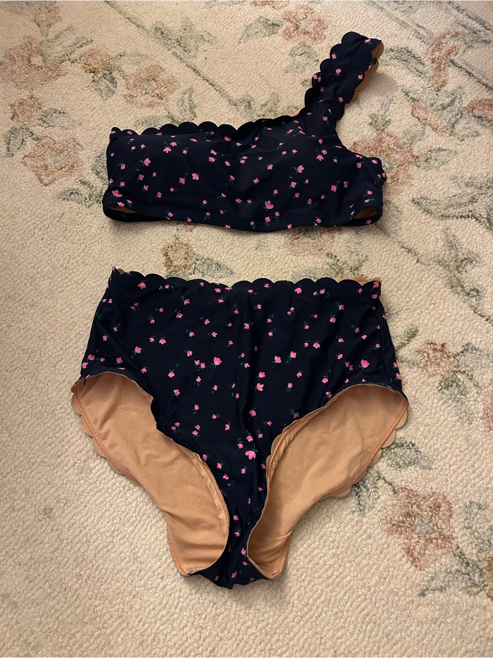 J CREW Navy Scalloped Bikini Set with Pink Floral Print SMALL TOP MEDIUM BOTTOMS